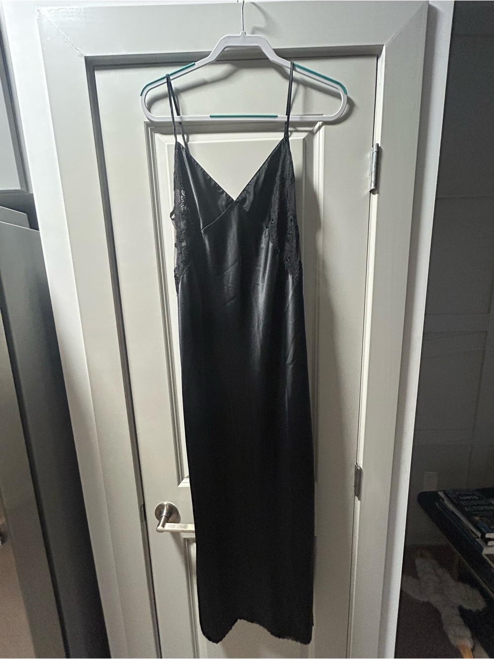 Victoria's Secret Black Satin Slip with Lace Side Panels